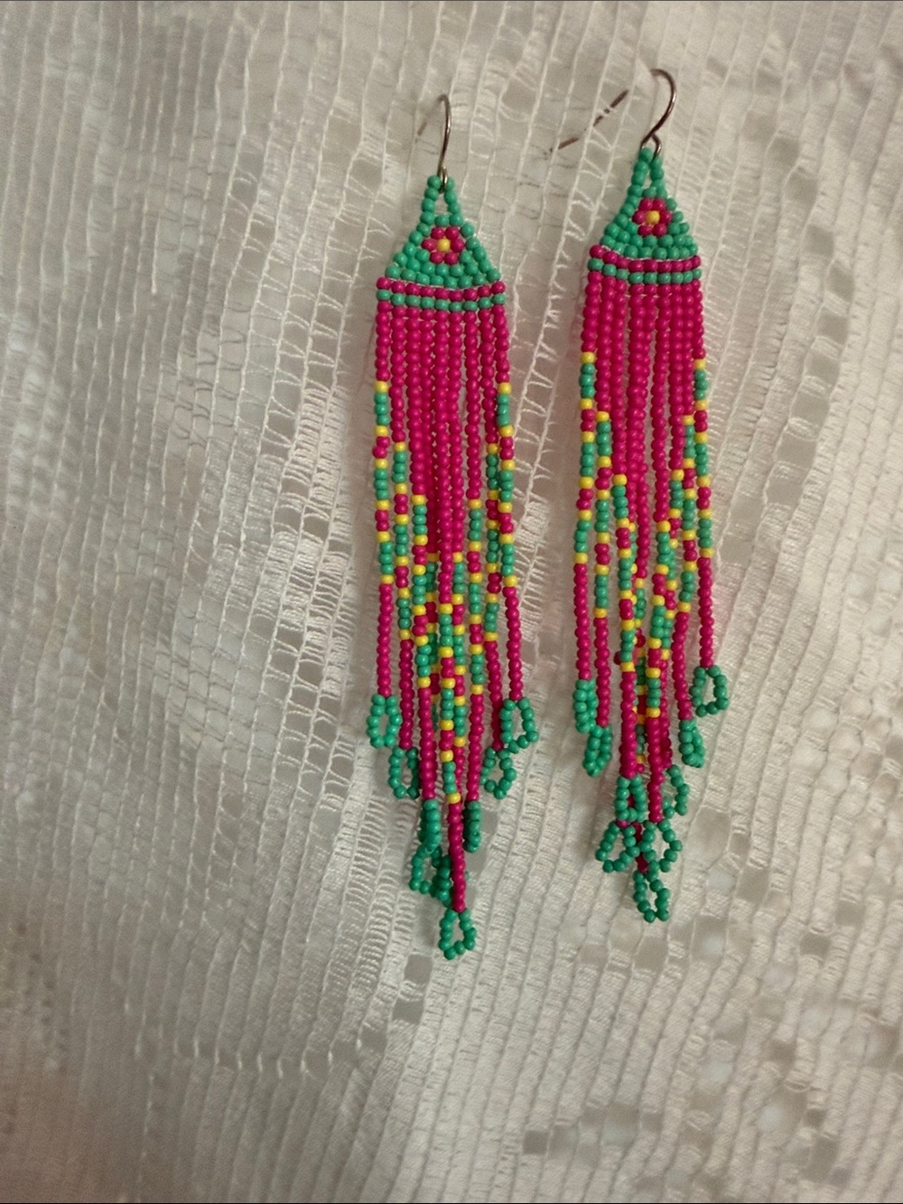 Vibrant Pink and Green Beaded Fringe Earrings